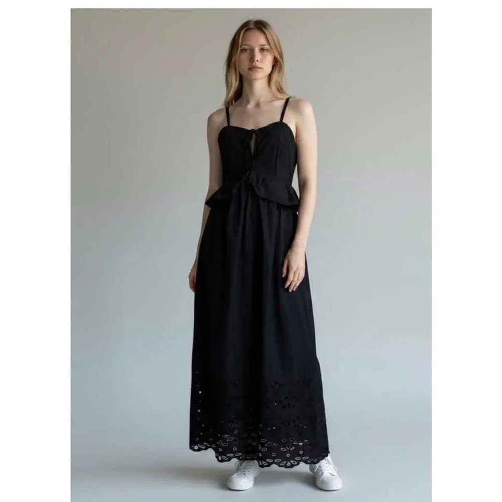 Caroline Constas womens Black Strappy Cotton Scalloped Hem Midi Dress size Large